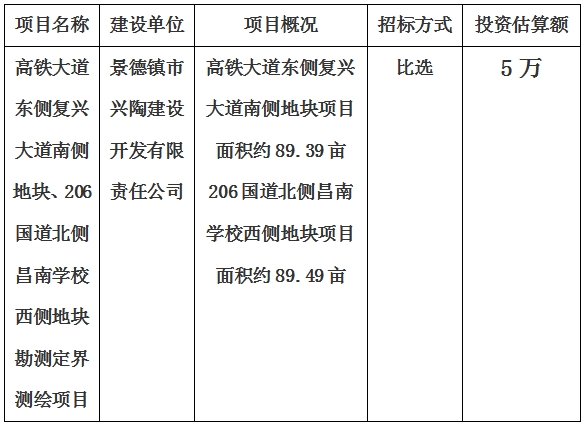 景德鎮(zhèn)市高鐵大道東側復興大道南側地塊、206國道北側昌南學校西側地塊勘測定界測繪項目計劃公告