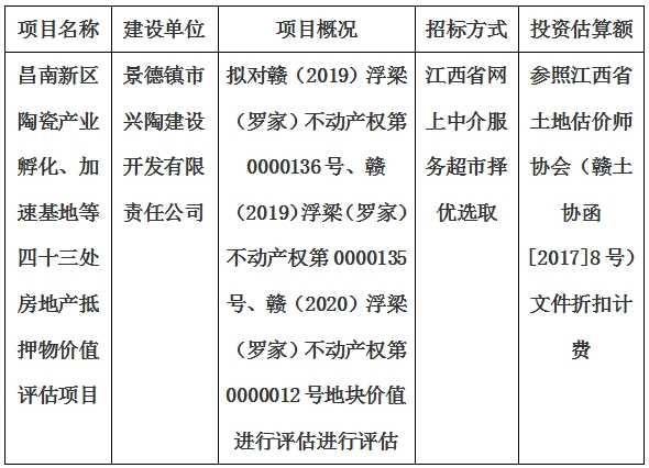 昌南新區(qū)陶瓷產(chǎn)業(yè)孵化、加速基地等四十三處房地產(chǎn)抵押物價(jià)值評(píng)估單位選取計(jì)劃公告
