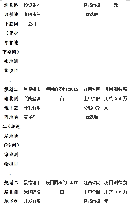 景德鎮(zhèn)市昌南新區(qū)LJ1-03-A01-1地塊、瓷都大道東側(cè)中渡口地下空間（格蘭云天大酒店地下空間）、光明大道北側(cè)利民路西側(cè)地下空間（青少年宮地下空間）、規(guī)劃二路北側(cè)地下空間地塊二（加速基地地下空間）、規(guī)劃二路北側(cè)地下空間地塊一（加速基地地下空間）、景德大道南側(cè)天寶橋西側(cè)地塊、景興大道東側(cè)如意路北側(cè)地下空間(社會(huì)公共服務(wù)