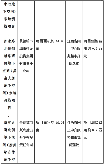 景德鎮(zhèn)市昌南新區(qū)LJ1-03-A01-1地塊、瓷都大道東側(cè)中渡口地下空間（格蘭云天大酒店地下空間）、光明大道北側(cè)利民路西側(cè)地下空間（青少年宮地下空間）、規(guī)劃二路北側(cè)地下空間地塊二（加速基地地下空間）、規(guī)劃二路北側(cè)地下空間地塊一（加速基地地下空間）、景德大道南側(cè)天寶橋西側(cè)地塊、景興大道東側(cè)如意路北側(cè)地下空間(社會(huì)公共服務(wù)