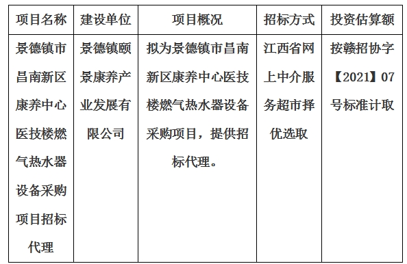 景德鎮(zhèn)市昌南新區(qū)康養(yǎng)中心醫(yī)技樓燃氣熱水器設(shè)備采購項目招標代理計劃公告